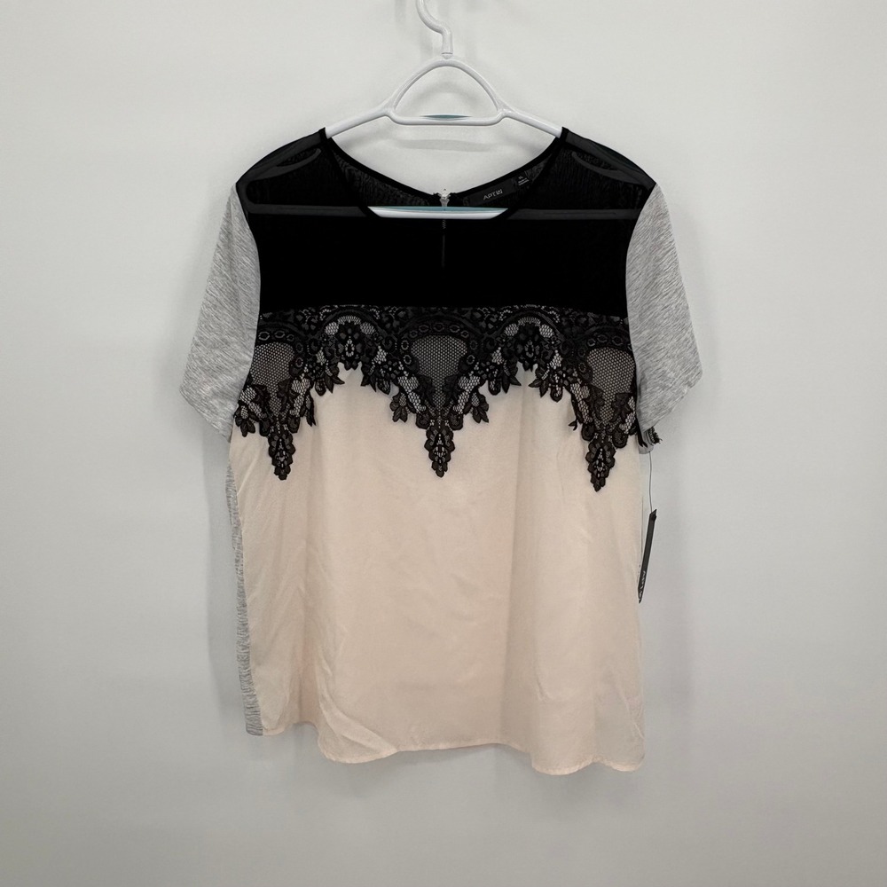 Apt 9 Womens XL Lace Mesh Colorblock Mixed Media Top Ivory Black Grey WAPR341011